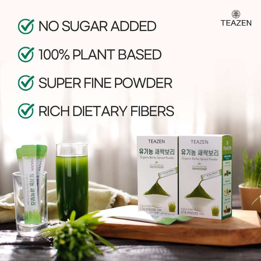 TEAZEN Organic Barley Sprout Juice Powder, Korean Organic Superfood Greens Barley Grass Juice Powder, Powdered Iced Tea, 10 Sticks, 0.7oz