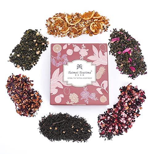 Taimei Teatime Assorted Loose Leaf Tea Sampler in Pyramid Tea Bag, Top 6 Flavors, 24 Herbal Tea Bags, All Natural High to No Caffeine Tea Variety Pack - Earl Grey, Oolong, Herbal, Fruit Tea in Tea Assortment Gift Set, Hot and Iced Tea