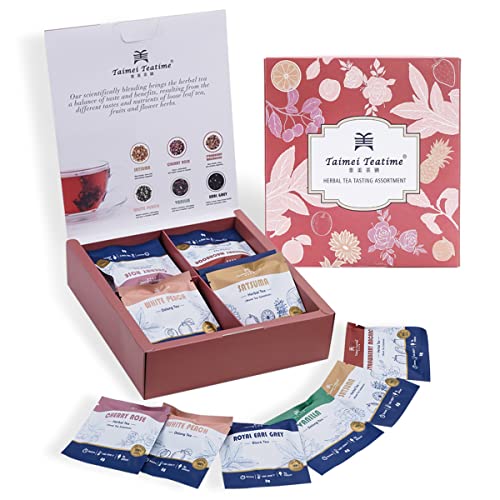 Taimei Teatime Assorted Loose Leaf Tea Sampler in Pyramid Tea Bag, Top 6 Flavors, 24 Herbal Tea Bags, All Natural High to No Caffeine Tea Variety Pack - Earl Grey, Oolong, Herbal, Fruit Tea in Tea Assortment Gift Set, Hot and Iced Tea