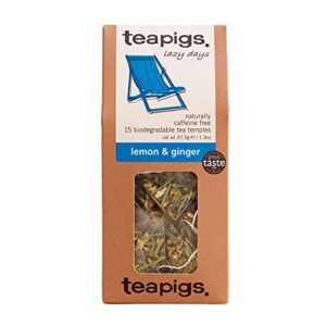 teapigs lazy days lemon & ginger herbal tea bags, 15 count, naturally caffeine free big leaf tea, refreshing and crisp