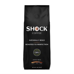 shock coffee - bold all arabica med-dark roast whole bean, fresh look - richer taste, 1 pound