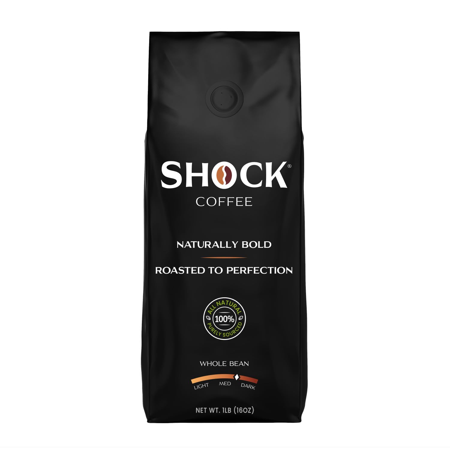 Shock Coffee - Bold all Arabica Med-Dark Roast Whole Bean, Fresh Look - Richer Taste, 1 pound