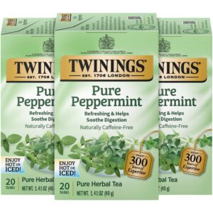 twinings pure peppermint tea - refreshing mint tea, naturally caffeine-free herbal tea bags individually wrapped, 20 count (pack of 3)