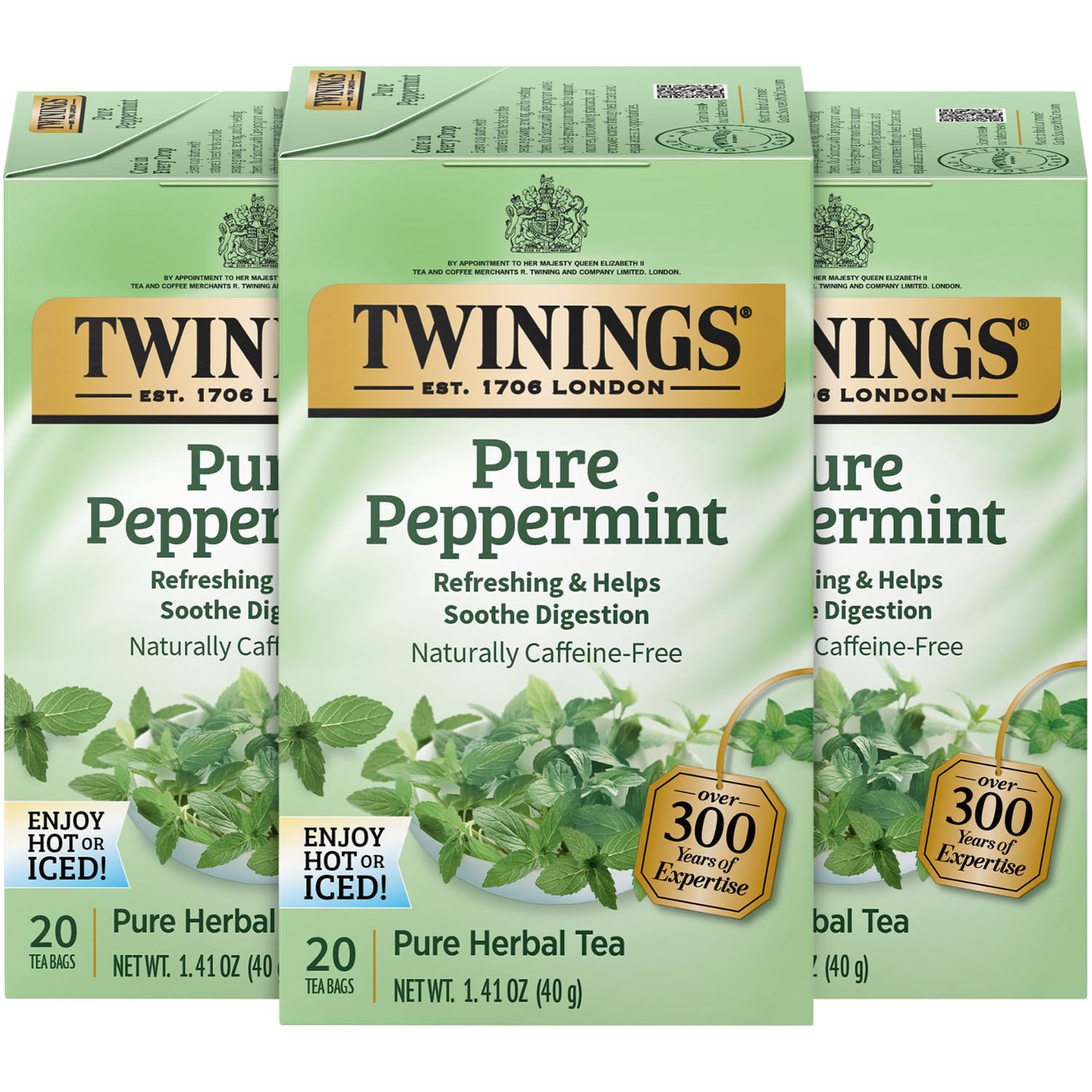 Twinings Pure Peppermint Tea - Refreshing Mint Tea, Naturally Caffeine-Free Herbal Tea Bags Individually Wrapped, 20 Count (Pack of 3)