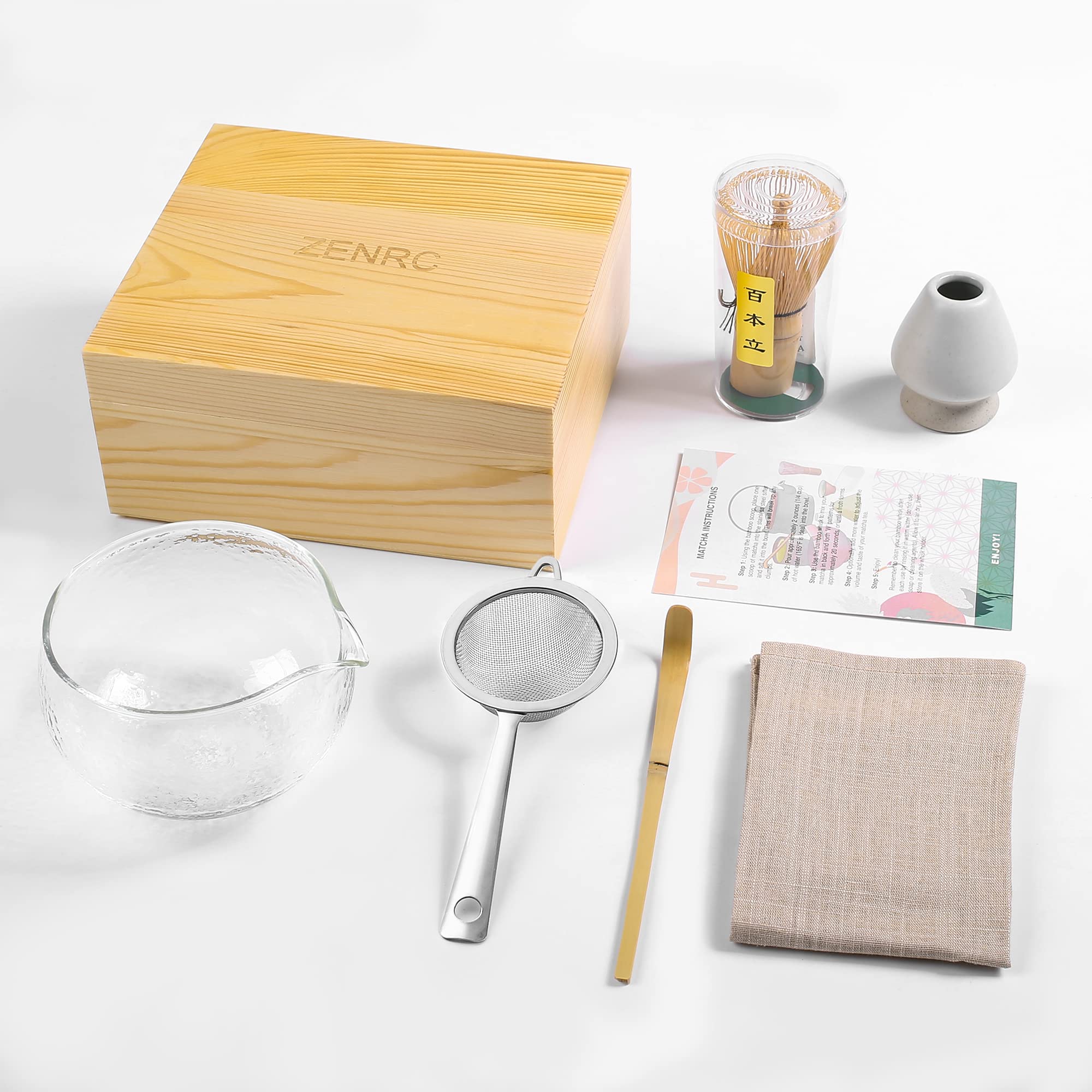 Bamboo Matcha whisk Kit, Matcha Tea Set, Bamboo Matcha Whisk and bowl (Chawan) Scoop (Chashaku), Chasen Holder, Tea Strainer (Sifter), Tea Towel in Wooden Case - Ideal Travel Matcha Ceremony Kit…