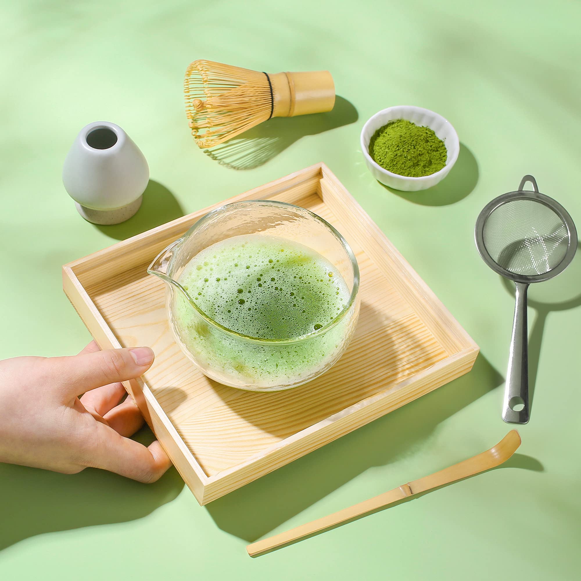 Bamboo Matcha whisk Kit, Matcha Tea Set, Bamboo Matcha Whisk and bowl (Chawan) Scoop (Chashaku), Chasen Holder, Tea Strainer (Sifter), Tea Towel in Wooden Case - Ideal Travel Matcha Ceremony Kit…