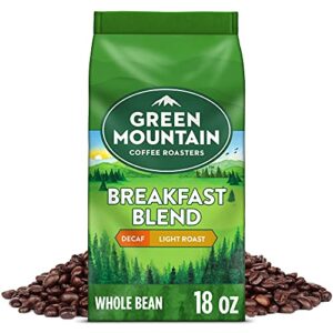 green mountain coffee roasters breakfast blend decaf, whole bean coffee, bagged 18 oz