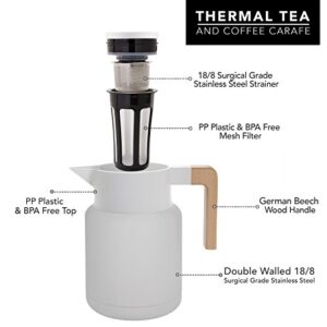 Hastings Collective Thermal Coffee Carafe 50 Oz - Large Stainless Steel Insulated Carafe - 1.5 Liter Double Walled Vacuum Thermos Coffee and Beverage Dispenser with Tea Infuser and Strainer (White)