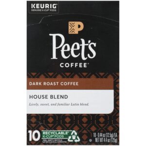 peet's coffee house k cup coffee pods for keurig brewers, dark roast, 10 pods, 4.4 oz