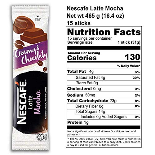 Nescafe 3 in 1 MOCHA Coffee Latte - Instant Coffee Packets - Single Serve Flavored Coffee Mix (15 Sticks)