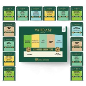 vahdam, assorted green tea sampler gift set (5 flavors, 4 tea bags each) gluten free tea variety pack - long leaf pyramid green tea bags variety pack | gifts for him/her | gifts for women & men