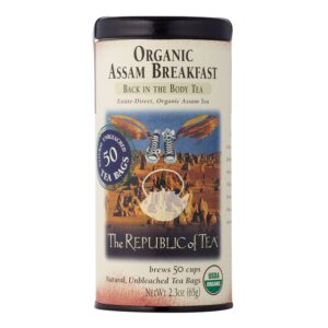 the republic of tea organic assam breakfast black tea, tin of 50 tea bags
