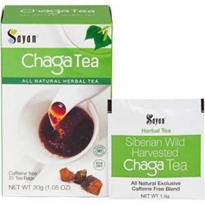 sayan siberian chaga mushroom tea organic antioxidant caffeine free, raw and extract blend, unbleached 20 bag, wild harvested for focus concentration energy boost and immune support, detox