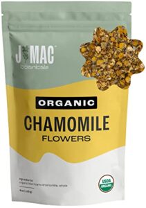 j mac botanicals, organic chamomile flowers (4 oz), certified organic by organic certifiers, inc. whole dried chamomile flowers, loose leaf organic chamomile tea, chamomile tea, chamomile flowers