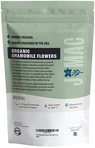 J Mac Botanicals, Organic Chamomile Flowers (4 oz), Certified Organic by Organic Certifiers, Inc. Whole Dried Chamomile flowers, Loose Leaf Organic Chamomile Tea, Chamomile Tea, chamomile flowers