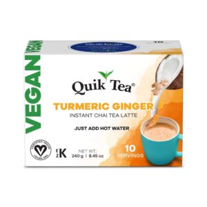 quiktea vegan turmeric ginger chai tea latte mix - 10 count single box - all natural, non gmo, vegan certified | convenient & easy dairy free instant chai tea mix | healthy coffee alternative