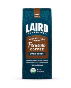 laird superfood peruvian dark roast caffeinated whole bean coffee, ethically sourced premium whole bean coffee, gluten-free, dairy-free, non-gmo, paleo, keto friendly, 12 oz. bag