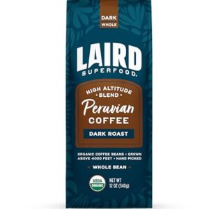 Laird Superfood Peruvian Dark Roast Caffeinated Whole Bean Coffee, Ethically Sourced Premium Whole Bean Coffee, Gluten-Free, Dairy-Free, Non-GMO, Paleo, Keto Friendly, 12 oz. Bag