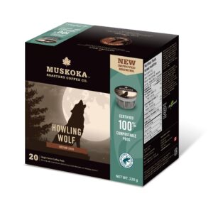 Muskoka Roastery Coffee, Howling Wolf, Medium Dark Roast, 20 Single Serve Coffee Pods, Compatible with K-Cup Keurig Brewers