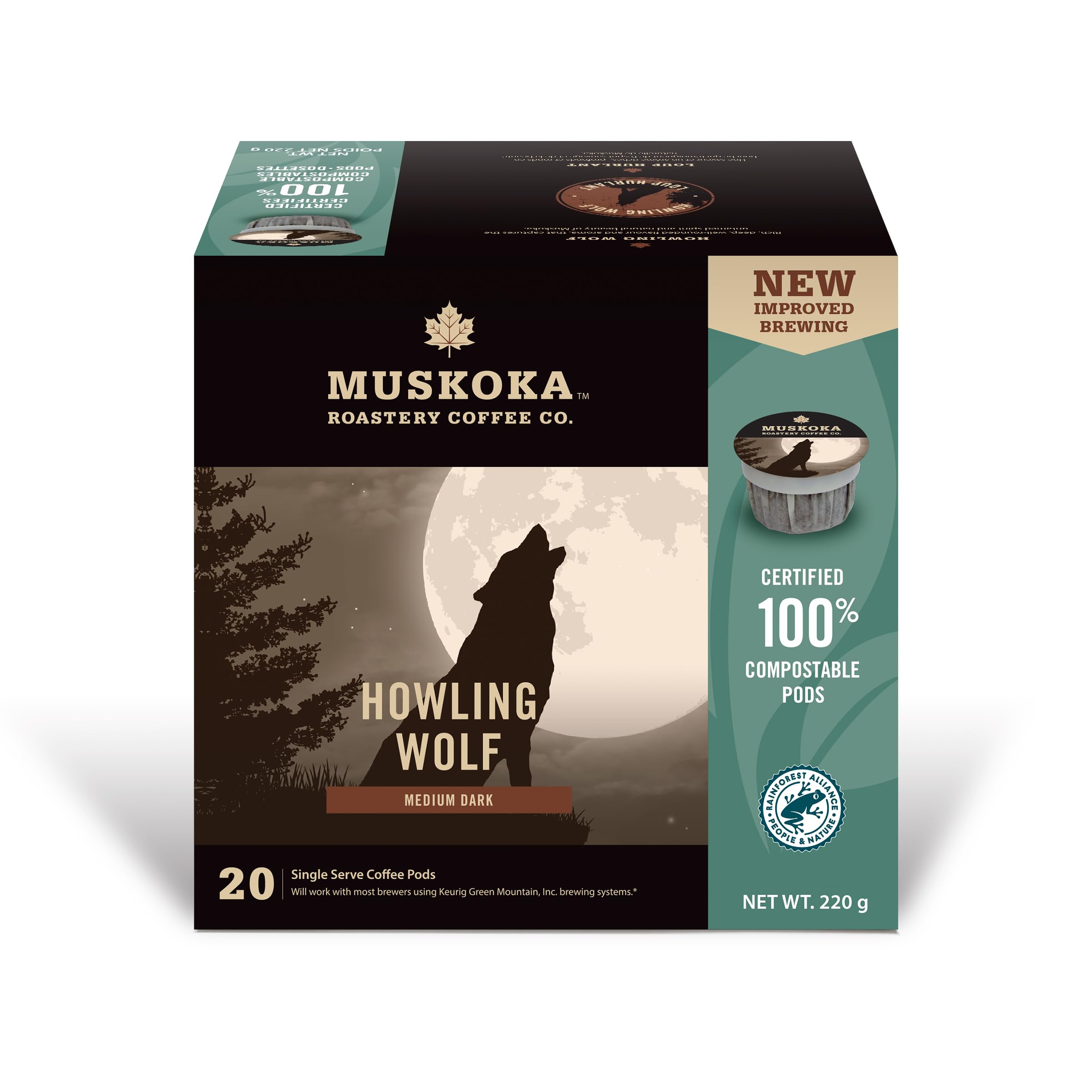 Muskoka Roastery Coffee, Howling Wolf, Medium Dark Roast, 20 Single Serve Coffee Pods, Compatible with K-Cup Keurig Brewers