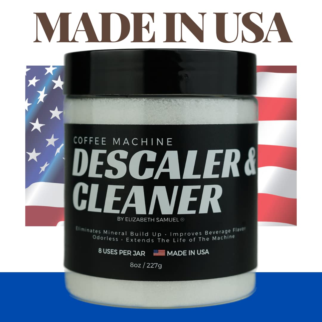 Elizabeth Samuel Descaler and Cleaner (8 Uses Per Jar) - Made in the USA - Universal Descaling Solution for Keurig, Nespresso, Delonghi and All Single Use Coffee and Espresso Machines