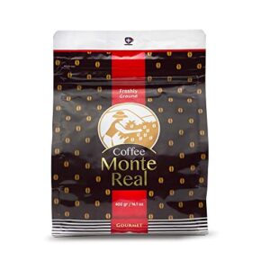 monte real - arabica gourmet coffee, flavored ground coffee, fresh roasted coffee grounds, medium dark roast, cacao flavor, 400 grams