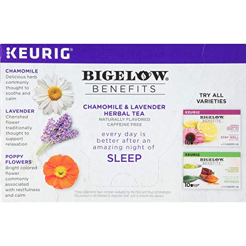 Bigelow Tea Benefits, Sleep Chamomile and Lavender Herbal Tea Keurig K-Cup Pods, Box of 10, Caffeine Free