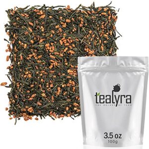 tealyra - gen mai cha supreme - japanese loose leaf tea - organically grown - genmaicha green tea with brown roasted rice - caffeine level low - 100g (3.5-ounce)