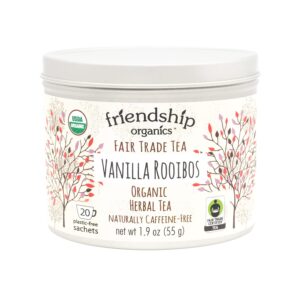 friendship organics vanilla rooibos tea bags, organic and fair trade herbal 22 count