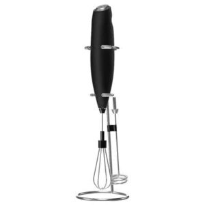 milk frother, handheld electric mixer, milk stirrer, battery operated, comes with stand for stirrer, wisker for coffee, eggs, also a foam frother, hot chocolate stirrer, one button mixer