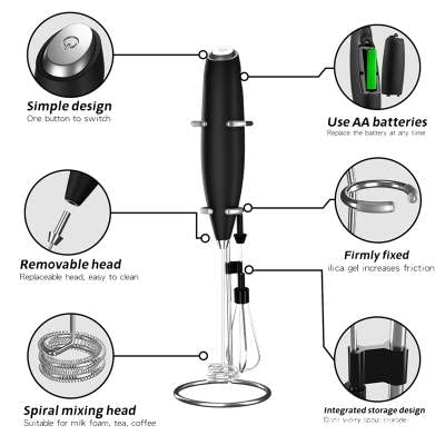 Milk Frother, Handheld Electric Mixer, Milk Stirrer, Battery Operated, Comes with Stand for Stirrer, Wisker for Coffee, Eggs, also a Foam Frother, Hot Chocolate Stirrer, One button mixer