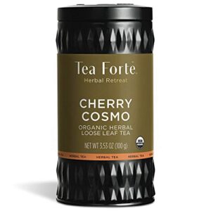 tea forte cherry cosmo herbal tea, loose tea canister makes 35-50 cups, herbal retreat organic herbal tea, 3.53 ounces