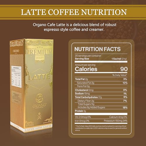 ORGANO Gourmet Cafe Latte, 100% Certified Ganoderma Lucidum (1 Box of 20 Sachets)