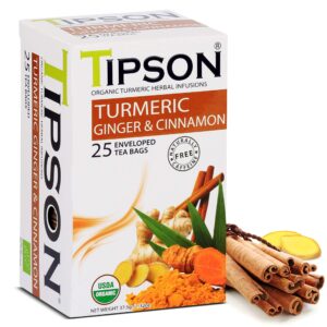 tipson organic turmeric herbal infusions - turmeric ginger and cinnamon - caffeine free, non gmo, gluten free - 25 premium tea bags (pack of 1)