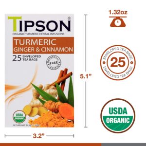 Tipson Organic Turmeric Herbal Infusions - Turmeric Ginger and Cinnamon - Caffeine Free, Non GMO, Gluten Free - 25 Premium Tea Bags (Pack of 1)