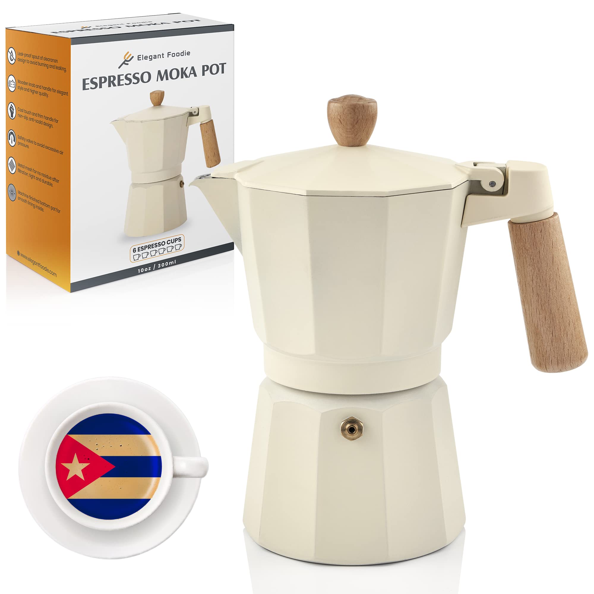 Elegant Foodie Cuban Coffee Maker - Stylish Espresso Moka Pot 6 Cup 10 Oz For Classical Taste Italian Coffee Enthusiast - Quality Wooden Parts And Aluminum Stovetop Espresso Maker