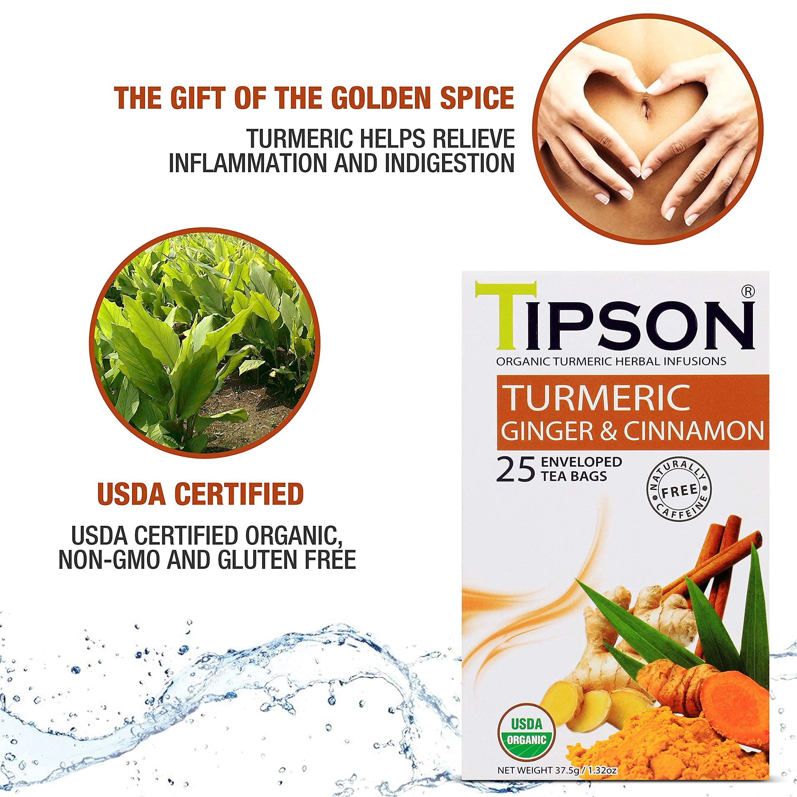 Tipson Organic Turmeric Herbal Infusions - Turmeric Ginger and Cinnamon - Caffeine Free, Non GMO, Gluten Free - 25 Premium Tea Bags (Pack of 1)