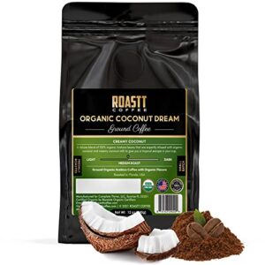 coconut coffee | toasted coconut ground coffee | gourmet medium roast organically flavored coffee ground | caffeinated organic toasted coconut coffee - 12 ounce roasted flavored coffee grounds by roastt organic