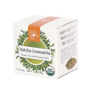 [sugimoto tea] organic matcha genmaicha tea bags, authentic japanese green tea blend with roasted rice, award-winning taste & aroma, 12 compostable pyramid bags (1.06 oz)
