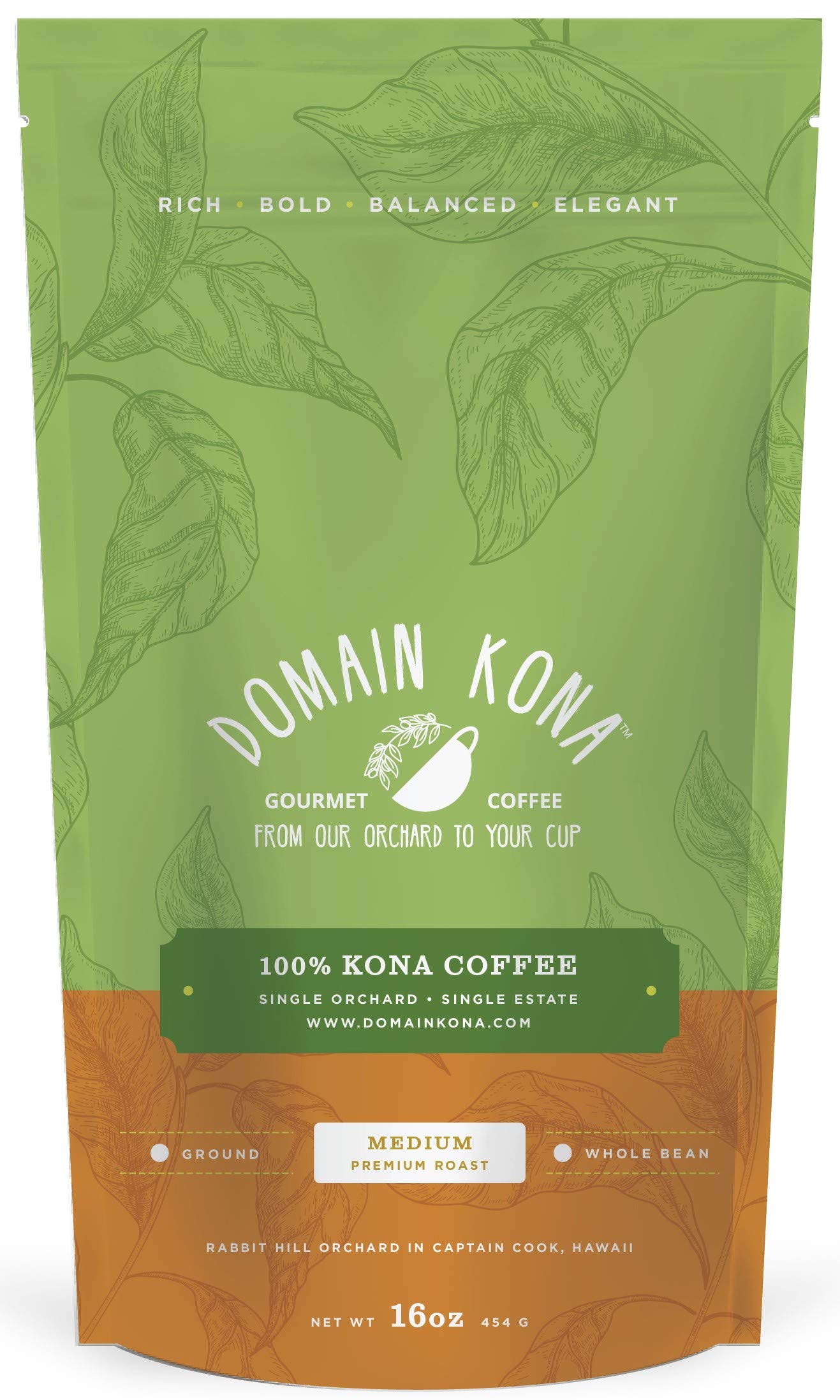 100% Kona Coffee – Whole Bean, Medium roast, Single estate gourmet coffee, 16 ounces, Farm fresh roasted from Domain Kona Coffee