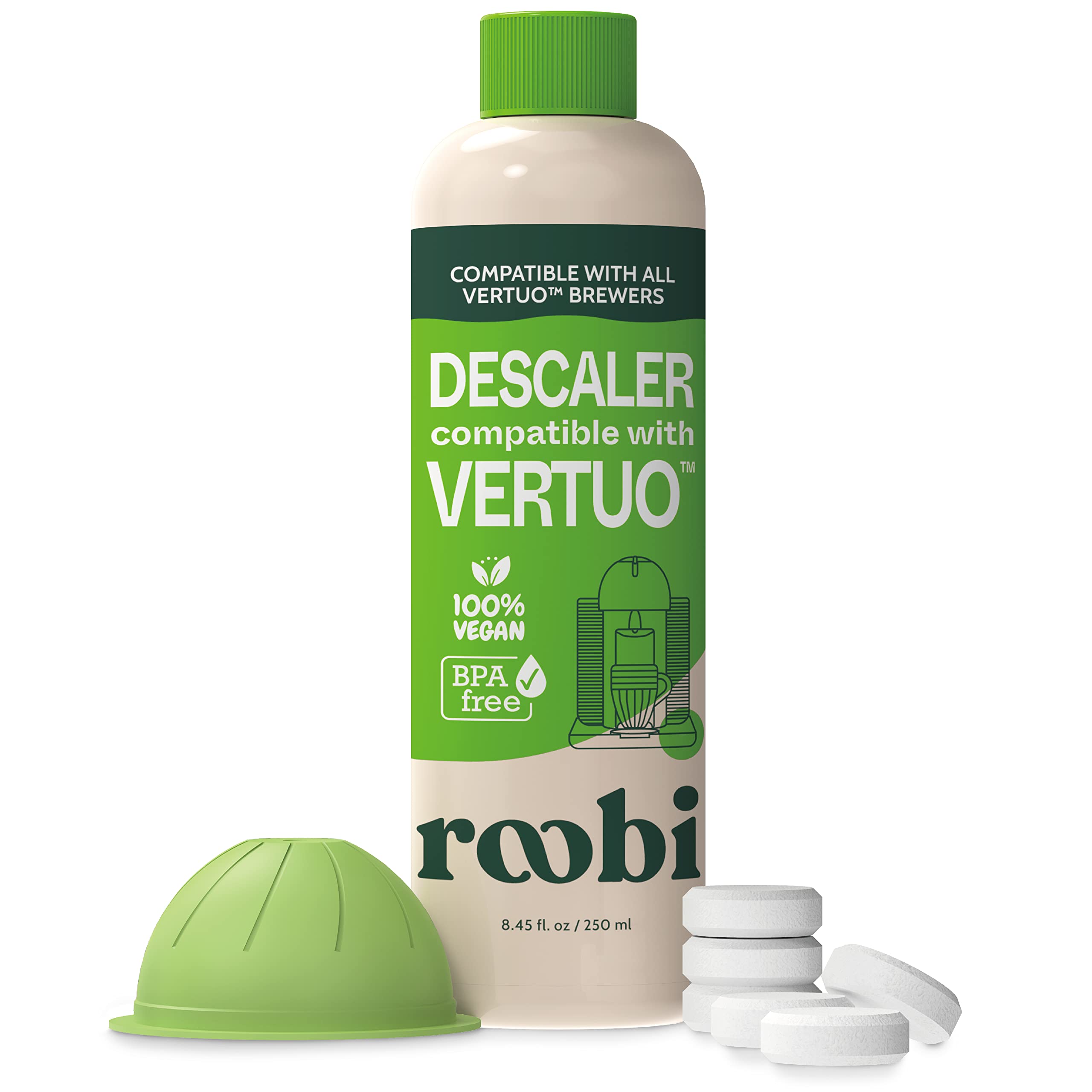 Nespresso Compatible Vertuo Cleaning & Descaling Kit. Includes 1 Bottle of Descaling Solution, 6 Cleaning Tablets and 1 Reusable Pod. Carbon Neutral Vertuo Maintenance Kit. 6 Month Supply.