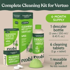 Nespresso Compatible Vertuo Cleaning & Descaling Kit. Includes 1 Bottle of Descaling Solution, 6 Cleaning Tablets and 1 Reusable Pod. Carbon Neutral Vertuo Maintenance Kit. 6 Month Supply.