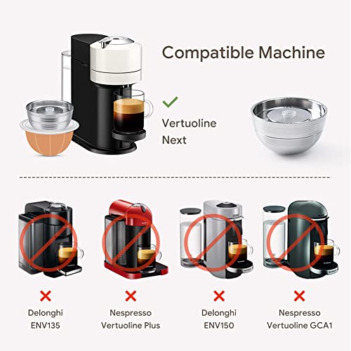 Stainless Steel Reusable Vertuo Capsule ONLY For VERTUOLINE NEXT+EMPTY Refillable Alumium VERTUOLINE Pods-80+150+230ml Each 2 Pcs + 1Pcs Coffee Capsule Tamper For Nespresso Vertuo Next Reusable Pods