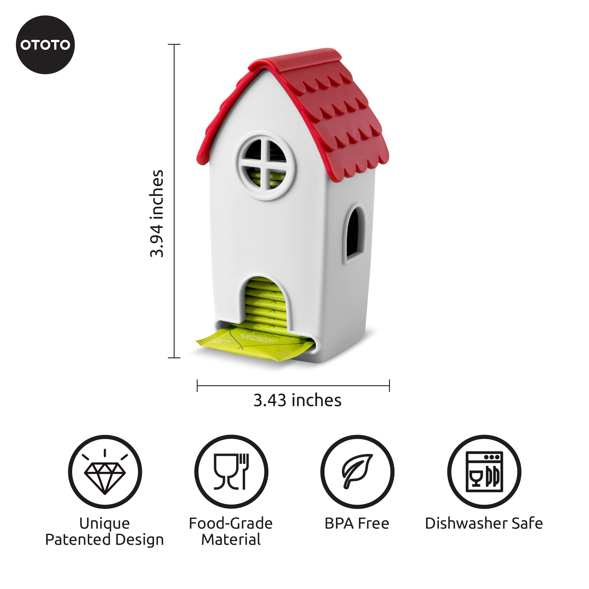 OTOTO Tea House Tea Bag Organizer - 100% Food Safe Plastic Tea Bag Holder - Fun Housewarming Gift - Quirky Tea Organizer Design - Tea Storage Size: 3.94 x 3.39 x 3.43 in - White