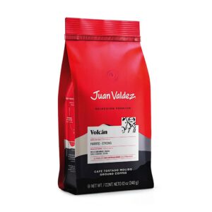 juan valdez volcan ground colombian coffee 12 oz, premium line, strong coffee with a harmonious subtle acidity, notes of sweet caramel, and dark chocolate finish, certified humane, rainforrest, halal, kosher, basc, oea