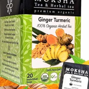 Pure Organic Turmeric Tea Bags with Ginger - Ginger Tea Bags with Turmeric Curcumin By Moksha Tea - 20 Turmeric Ginger Tea Bags