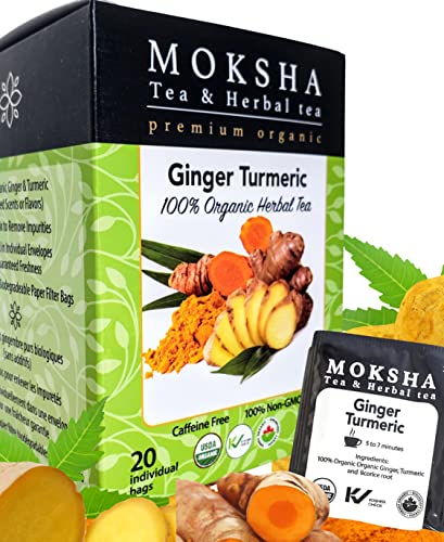 Pure Organic Turmeric Tea Bags with Ginger - Ginger Tea Bags with Turmeric Curcumin By Moksha Tea - 20 Turmeric Ginger Tea Bags