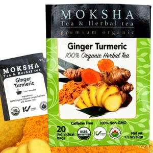 Pure Organic Turmeric Tea Bags with Ginger - Ginger Tea Bags with Turmeric Curcumin By Moksha Tea - 20 Turmeric Ginger Tea Bags