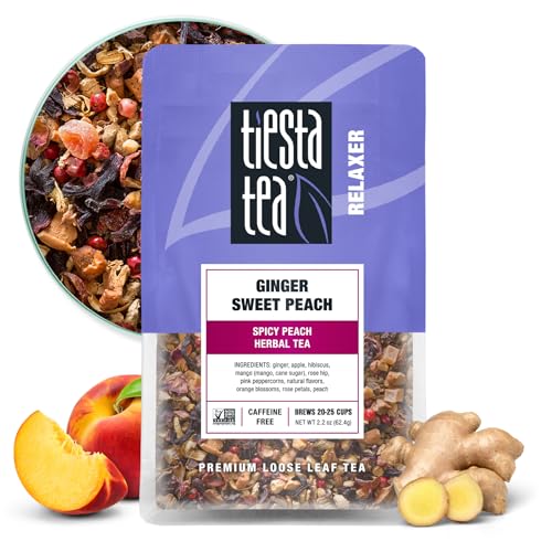 Tiesta Tea - Ginger Sweet Peach | Spicy Peach Herbal Tea | Premium Loose Leaf Tea Blend | Non Caffeinated Herbal Tea | Make Hot or Iced Tea & Brews Up to 25 Cups - 2.2 Ounce Resealable Pouch