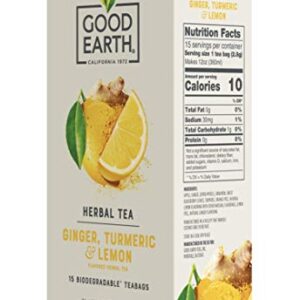 Good Earth Sensorial Blend All Natural Ginger, Turmeric and Lemon Herbal Tea, 15 Count (Pack of 5)